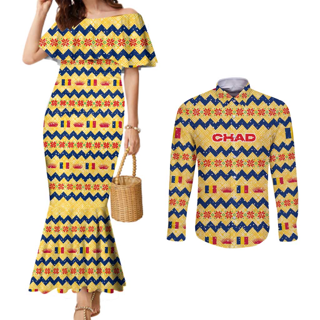 Chad Christmas Couples Matching Mermaid Dress and Long Sleeve Button Shirt with Yellow-Blue Geometric Design, National Coat of Arms, and Festive Motif - Wonder Print Shop