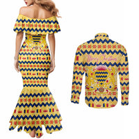 Chad Christmas Couples Matching Mermaid Dress and Long Sleeve Button Shirt with Yellow-Blue Geometric Design, National Coat of Arms, and Festive Motif - Wonder Print Shop