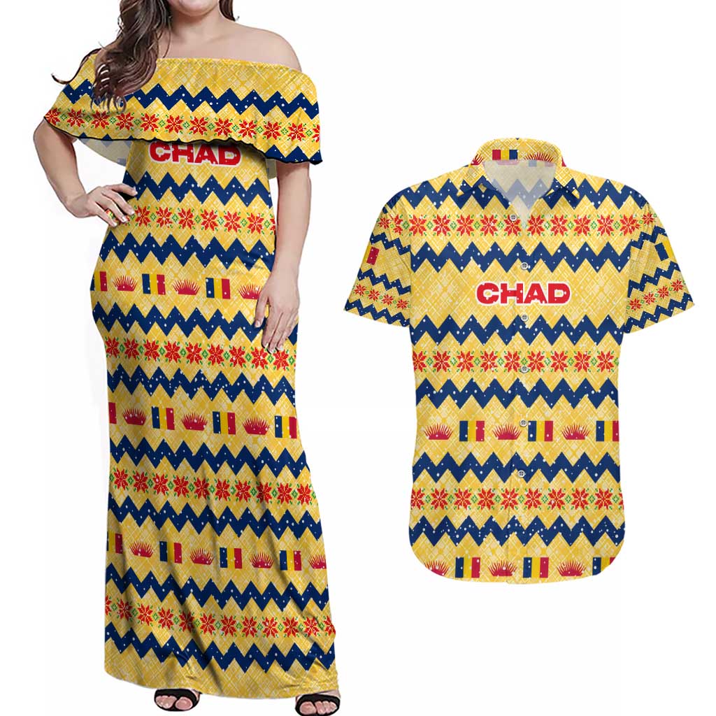 Chad Christmas Couples Matching Off Shoulder Maxi Dress and Hawaiian Shirt with Yellow-Blue Geometric Design, National Coat of Arms, and Festive Motif - Wonder Print Shop