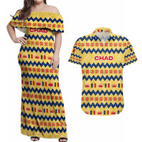 Chad Christmas Couples Matching Off Shoulder Maxi Dress and Hawaiian Shirt with Yellow-Blue Geometric Design, National Coat of Arms, and Festive Motif - Wonder Print Shop
