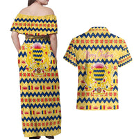 Chad Christmas Couples Matching Off Shoulder Maxi Dress and Hawaiian Shirt with Yellow-Blue Geometric Design, National Coat of Arms, and Festive Motif - Wonder Print Shop