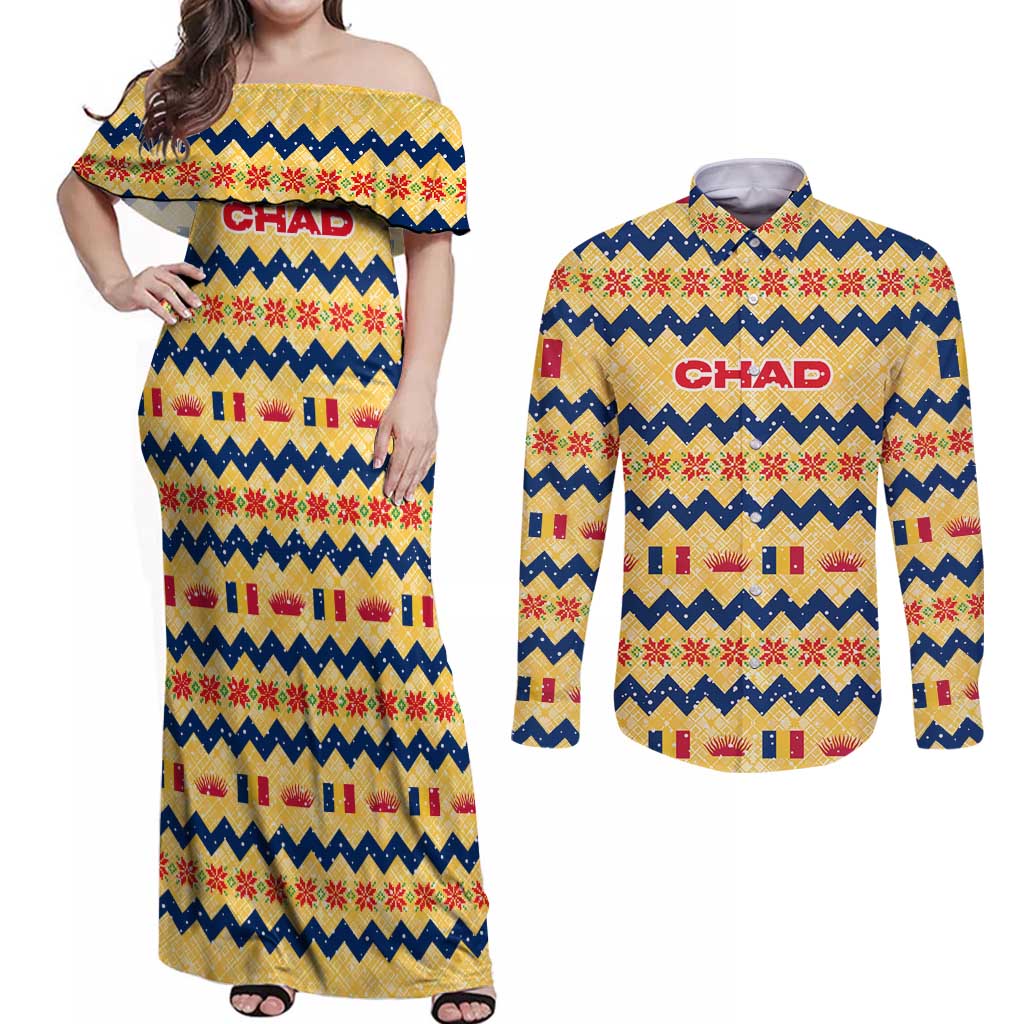 Chad Christmas Couples Matching Off Shoulder Maxi Dress and Long Sleeve Button Shirt with Yellow-Blue Geometric Design, National Coat of Arms, and Festive Motif - Wonder Print Shop