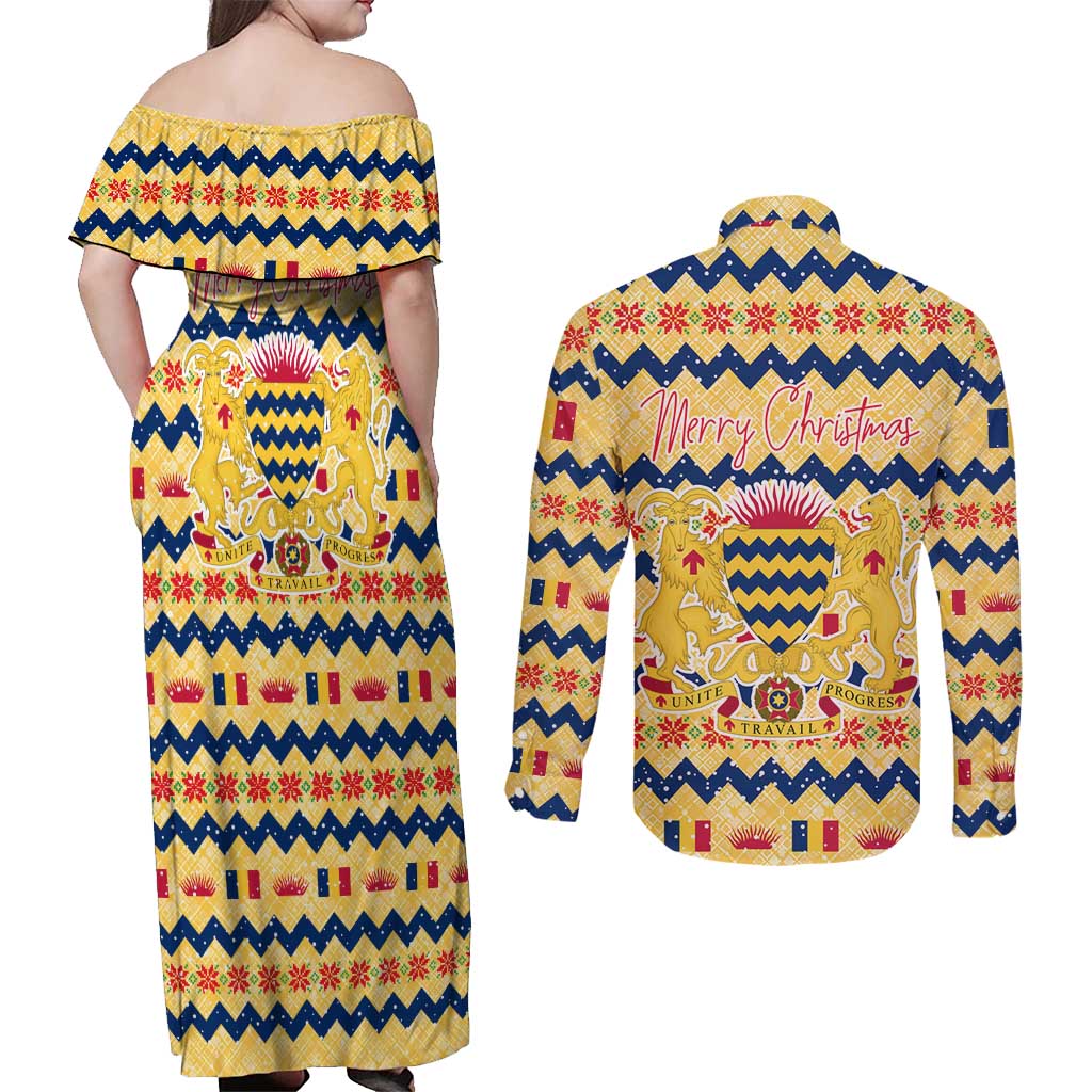Chad Christmas Couples Matching Off Shoulder Maxi Dress and Long Sleeve Button Shirt with Yellow-Blue Geometric Design, National Coat of Arms, and Festive Motif - Wonder Print Shop