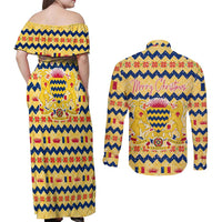 Chad Christmas Couples Matching Off Shoulder Maxi Dress and Long Sleeve Button Shirt with Yellow-Blue Geometric Design, National Coat of Arms, and Festive Motif - Wonder Print Shop