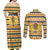 Chad Christmas Couples Matching Off Shoulder Maxi Dress and Long Sleeve Button Shirt with Yellow-Blue Geometric Design, National Coat of Arms, and Festive Motif - Wonder Print Shop