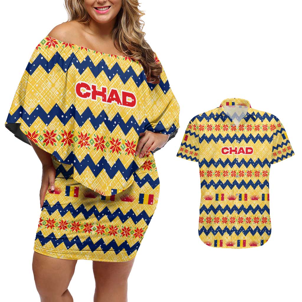 Chad Christmas Couples Matching Off Shoulder Short Dress and Hawaiian Shirt with Yellow-Blue Geometric Design, National Coat of Arms, and Festive Motif - Wonder Print Shop