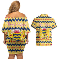 Chad Christmas Couples Matching Off Shoulder Short Dress and Hawaiian Shirt with Yellow-Blue Geometric Design, National Coat of Arms, and Festive Motif - Wonder Print Shop
