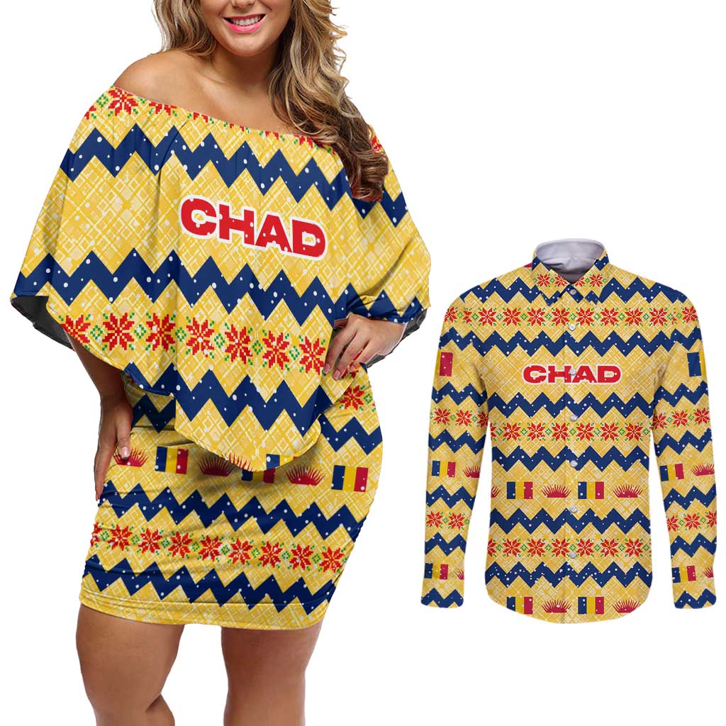 Chad Christmas Couples Matching Off Shoulder Short Dress and Long Sleeve Button Shirt with Yellow-Blue Geometric Design, National Coat of Arms, and Festive Motif - Wonder Print Shop