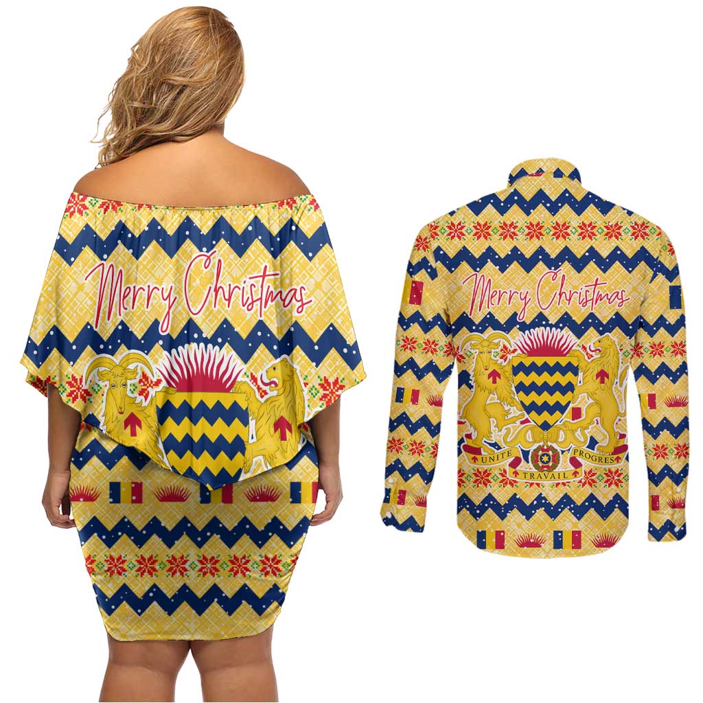 Chad Christmas Couples Matching Off Shoulder Short Dress and Long Sleeve Button Shirt with Yellow-Blue Geometric Design, National Coat of Arms, and Festive Motif - Wonder Print Shop