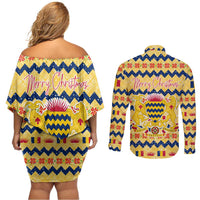 Chad Christmas Couples Matching Off Shoulder Short Dress and Long Sleeve Button Shirt with Yellow-Blue Geometric Design, National Coat of Arms, and Festive Motif - Wonder Print Shop