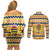 Chad Christmas Couples Matching Off Shoulder Short Dress and Long Sleeve Button Shirt with Yellow-Blue Geometric Design, National Coat of Arms, and Festive Motif - Wonder Print Shop