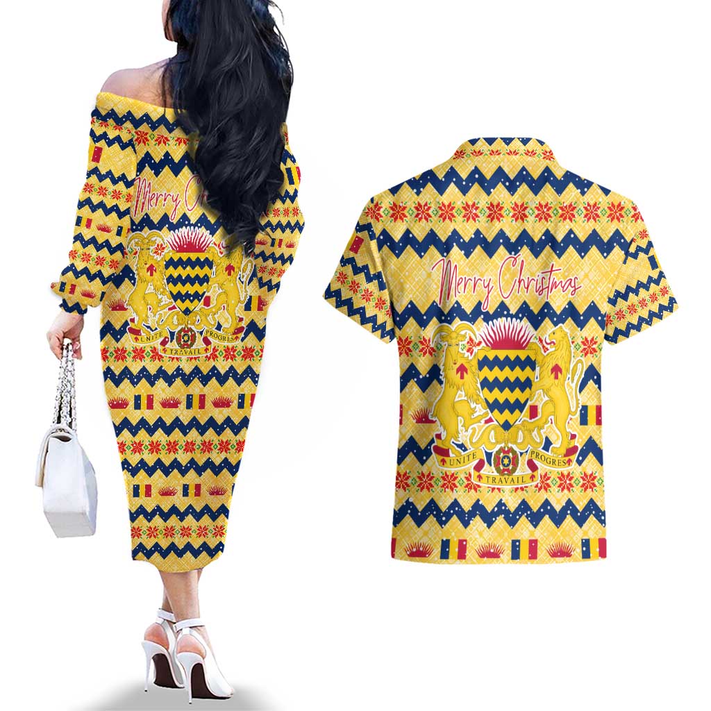 Chad Christmas Couples Matching Off The Shoulder Long Sleeve Dress and Hawaiian Shirt with Yellow-Blue Geometric Design, National Coat of Arms, and Festive Motif - Wonder Print Shop