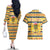Chad Christmas Couples Matching Off The Shoulder Long Sleeve Dress and Hawaiian Shirt with Yellow-Blue Geometric Design, National Coat of Arms, and Festive Motif - Wonder Print Shop