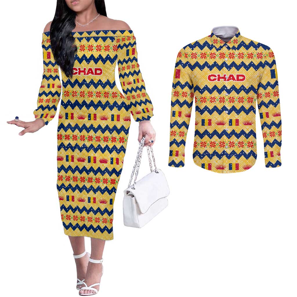 Chad Christmas Couples Matching Off The Shoulder Long Sleeve Dress and Long Sleeve Button Shirt with Yellow-Blue Geometric Design, National Coat of Arms, and Festive Motif - Wonder Print Shop