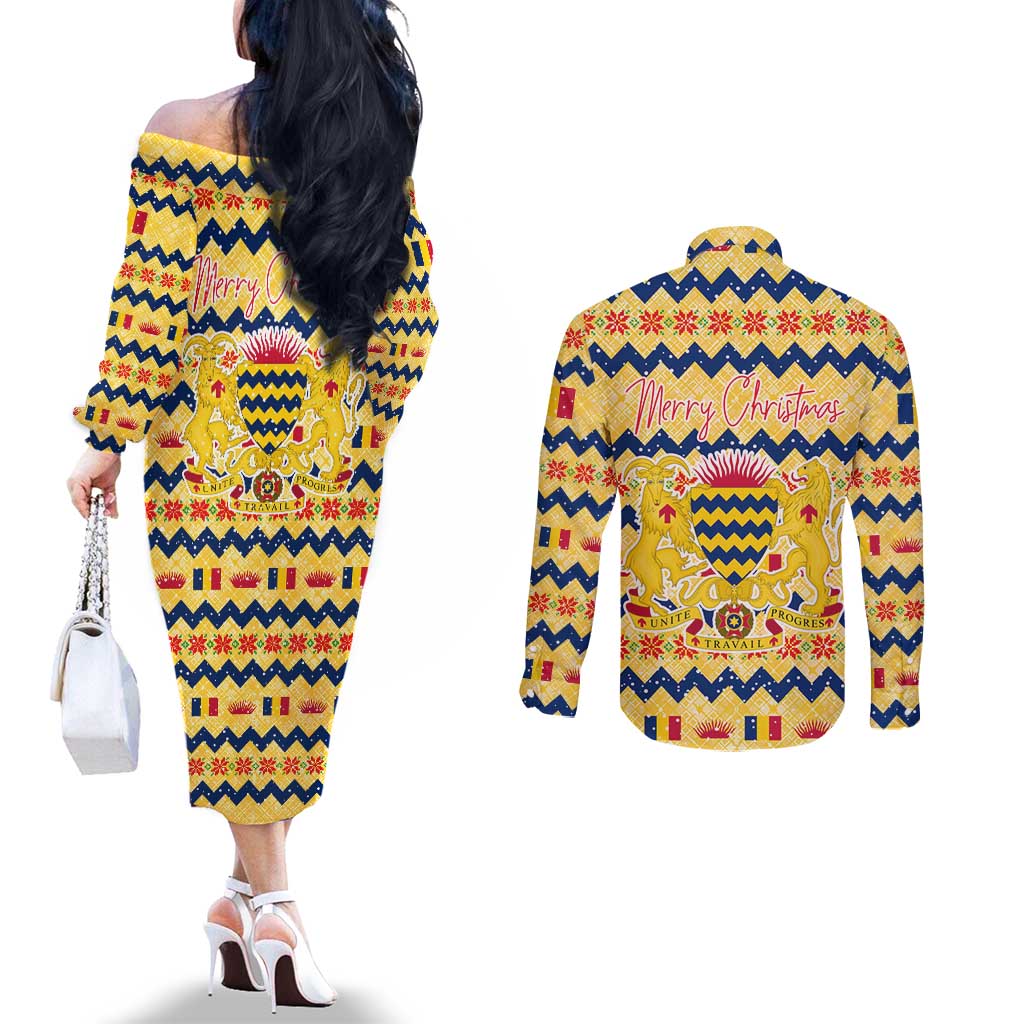 Chad Christmas Couples Matching Off The Shoulder Long Sleeve Dress and Long Sleeve Button Shirt with Yellow-Blue Geometric Design, National Coat of Arms, and Festive Motif - Wonder Print Shop