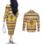 Chad Christmas Couples Matching Off The Shoulder Long Sleeve Dress and Long Sleeve Button Shirt with Yellow-Blue Geometric Design, National Coat of Arms, and Festive Motif - Wonder Print Shop