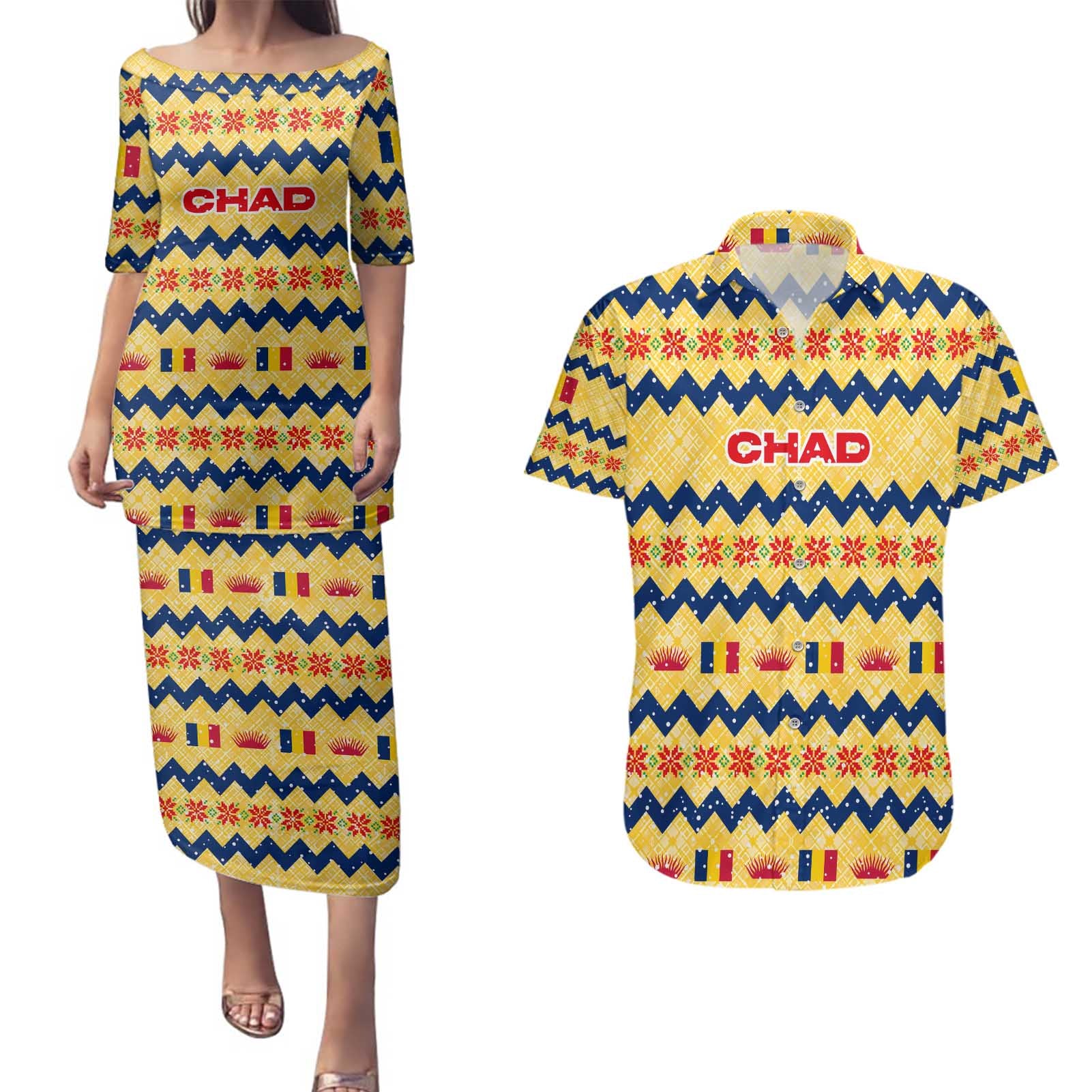 Chad Christmas Couples Matching Puletasi and Hawaiian Shirt with Yellow-Blue Geometric Design, National Coat of Arms, and Festive Motif - Wonder Print Shop