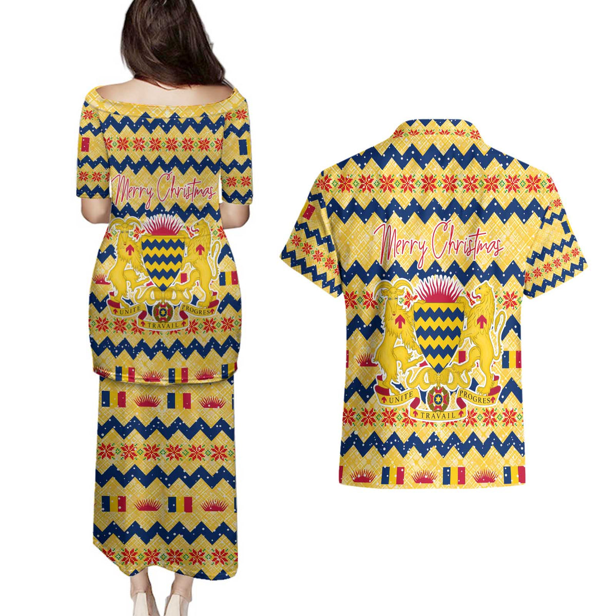 Chad Christmas Couples Matching Puletasi and Hawaiian Shirt with Yellow-Blue Geometric Design, National Coat of Arms, and Festive Motif - Wonder Print Shop