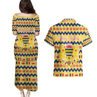 Chad Christmas Couples Matching Puletasi and Hawaiian Shirt with Yellow-Blue Geometric Design, National Coat of Arms, and Festive Motif - Wonder Print Shop