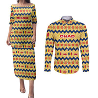 Chad Christmas Couples Matching Puletasi and Long Sleeve Button Shirt with Yellow-Blue Geometric Design, National Coat of Arms, and Festive Motif - Wonder Print Shop