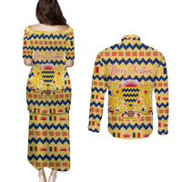 Chad Christmas Couples Matching Puletasi and Long Sleeve Button Shirt with Yellow-Blue Geometric Design, National Coat of Arms, and Festive Motif - Wonder Print Shop