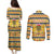 Chad Christmas Couples Matching Puletasi and Long Sleeve Button Shirt with Yellow-Blue Geometric Design, National Coat of Arms, and Festive Motif - Wonder Print Shop