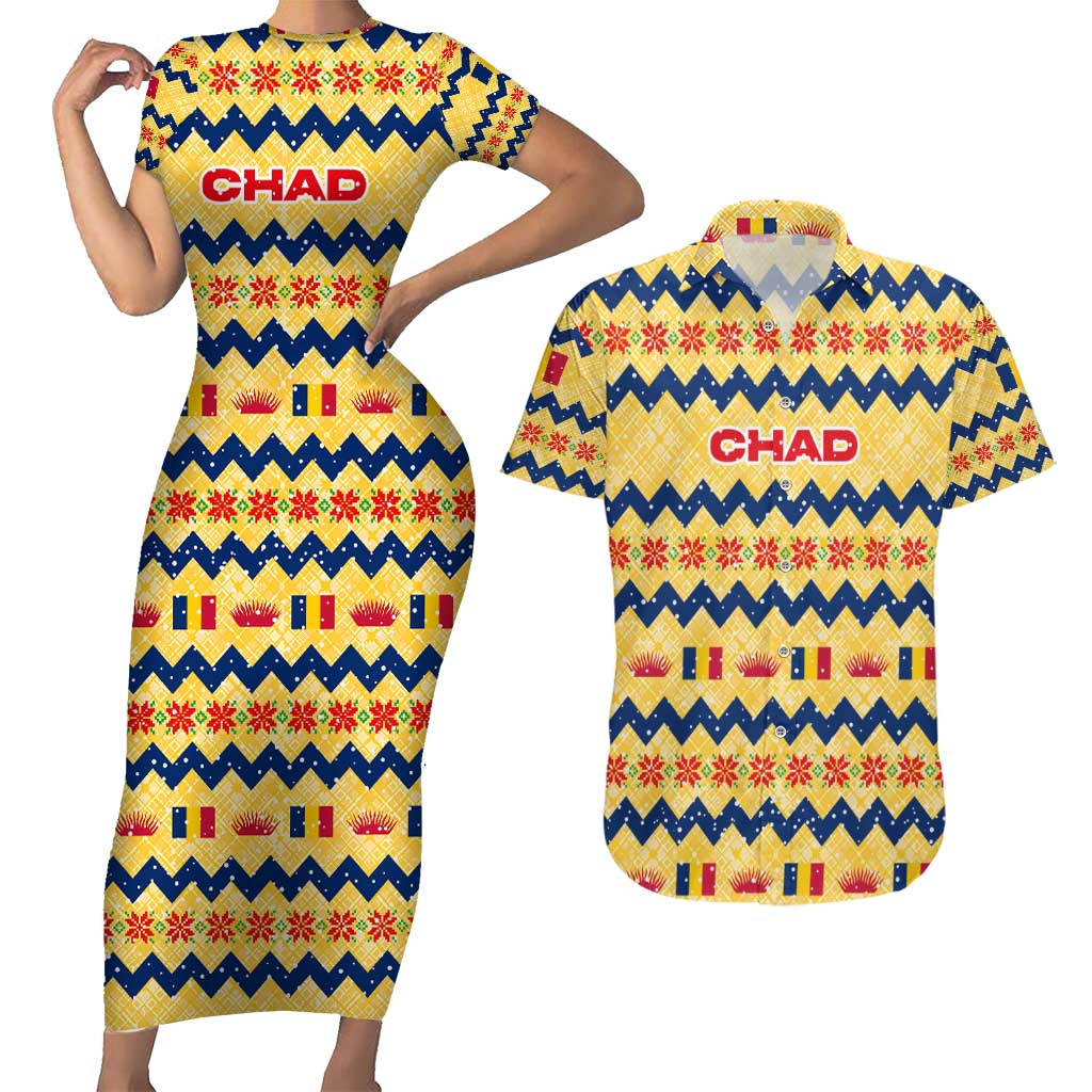 Chad Christmas Couples Matching Short Sleeve Bodycon Dress and Hawaiian Shirt with Yellow-Blue Geometric Design, National Coat of Arms, and Festive Motif - Wonder Print Shop