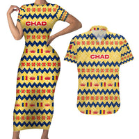 Chad Christmas Couples Matching Short Sleeve Bodycon Dress and Hawaiian Shirt with Yellow-Blue Geometric Design, National Coat of Arms, and Festive Motif - Wonder Print Shop