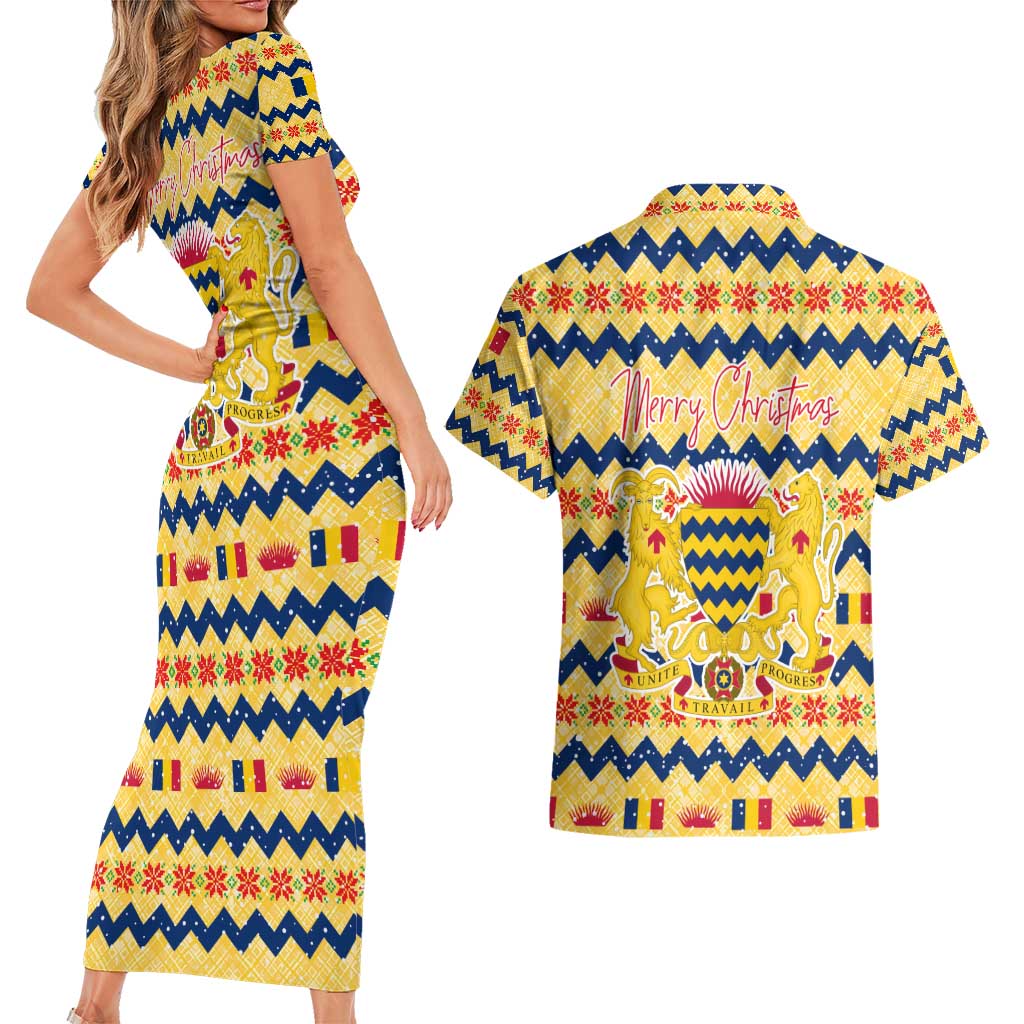 Chad Christmas Couples Matching Short Sleeve Bodycon Dress and Hawaiian Shirt with Yellow-Blue Geometric Design, National Coat of Arms, and Festive Motif - Wonder Print Shop