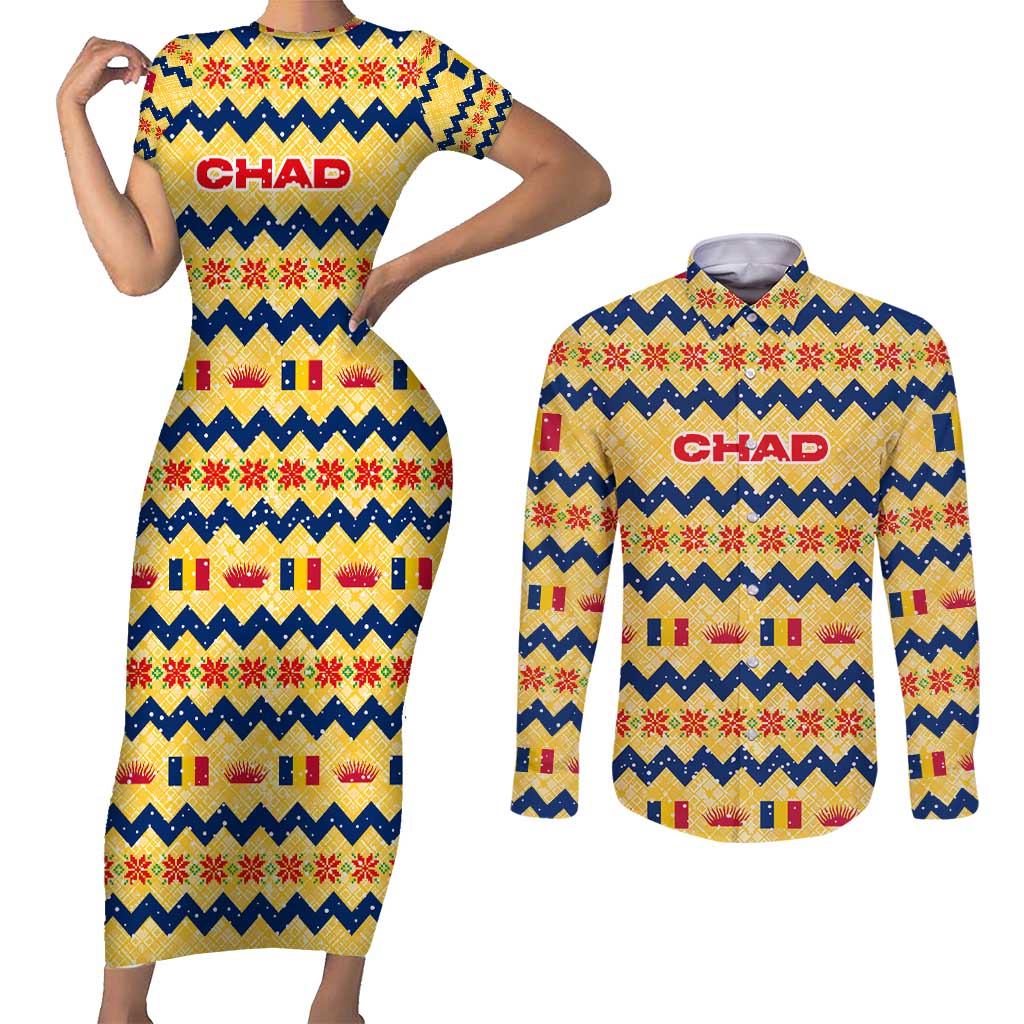 Chad Christmas Couples Matching Short Sleeve Bodycon Dress and Long Sleeve Button Shirt with Yellow-Blue Geometric Design, National Coat of Arms, and Festive Motif - Wonder Print Shop