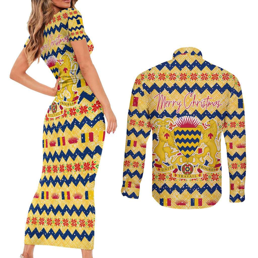Chad Christmas Couples Matching Short Sleeve Bodycon Dress and Long Sleeve Button Shirt with Yellow-Blue Geometric Design, National Coat of Arms, and Festive Motif - Wonder Print Shop
