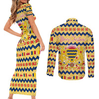Chad Christmas Couples Matching Short Sleeve Bodycon Dress and Long Sleeve Button Shirt with Yellow-Blue Geometric Design, National Coat of Arms, and Festive Motif - Wonder Print Shop