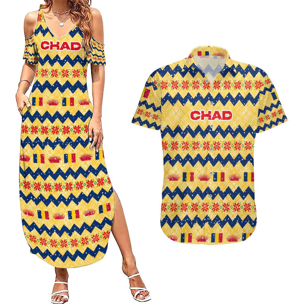 Chad Christmas Couples Matching Summer Maxi Dress and Hawaiian Shirt with Yellow-Blue Geometric Design, National Coat of Arms, and Festive Motif - Wonder Print Shop