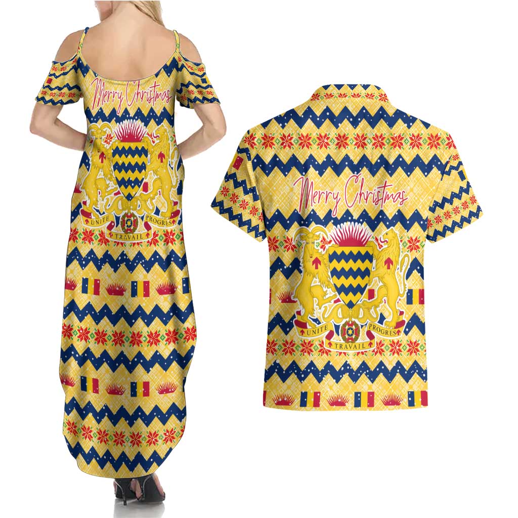 Chad Christmas Couples Matching Summer Maxi Dress and Hawaiian Shirt with Yellow-Blue Geometric Design, National Coat of Arms, and Festive Motif - Wonder Print Shop