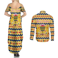 Chad Christmas Couples Matching Summer Maxi Dress and Long Sleeve Button Shirt with Yellow-Blue Geometric Design, National Coat of Arms, and Festive Motif - Wonder Print Shop