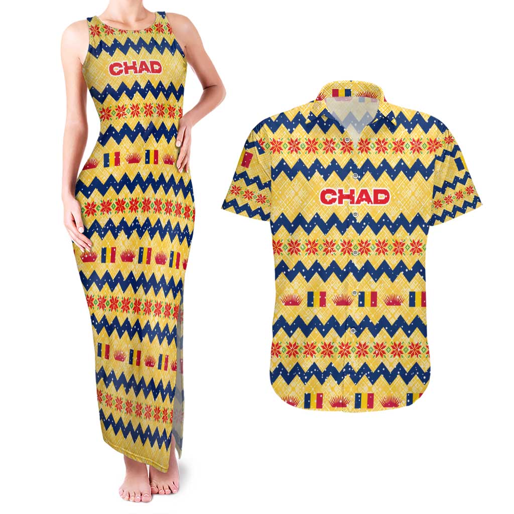 Chad Christmas Couples Matching Tank Maxi Dress and Hawaiian Shirt with Yellow-Blue Geometric Design, National Coat of Arms, and Festive Motif - Wonder Print Shop