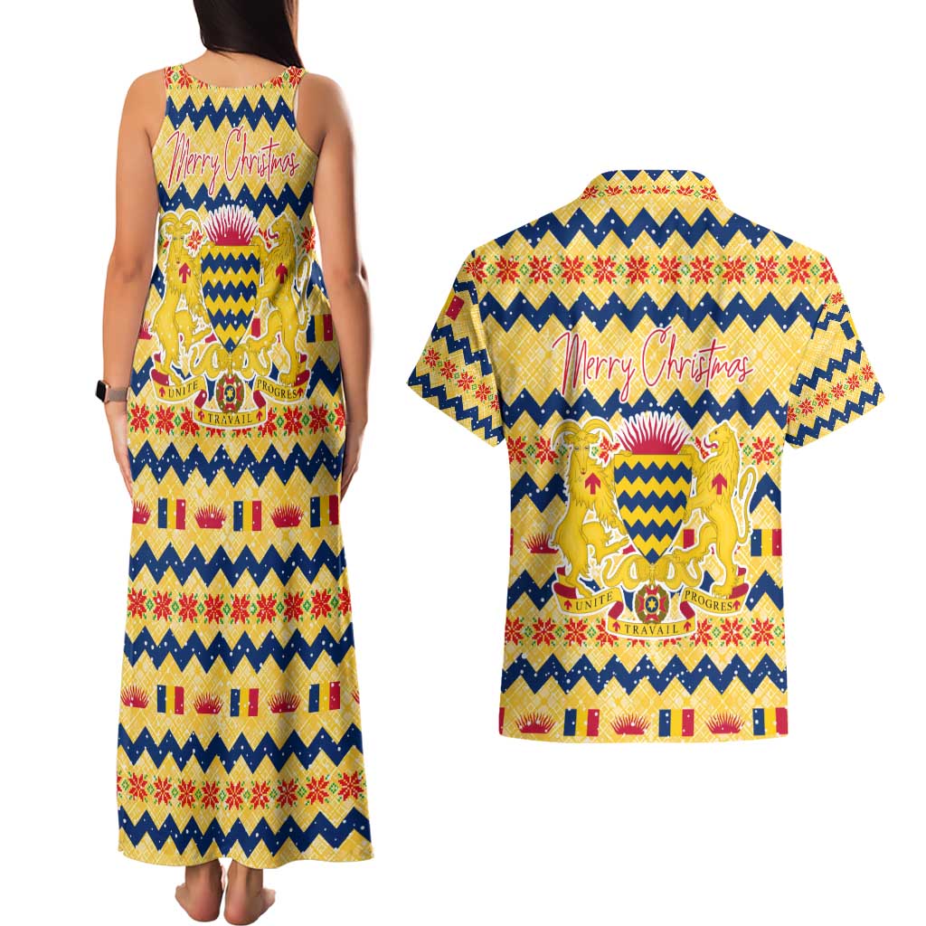Chad Christmas Couples Matching Tank Maxi Dress and Hawaiian Shirt with Yellow-Blue Geometric Design, National Coat of Arms, and Festive Motif - Wonder Print Shop
