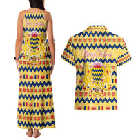 Chad Christmas Couples Matching Tank Maxi Dress and Hawaiian Shirt with Yellow-Blue Geometric Design, National Coat of Arms, and Festive Motif - Wonder Print Shop