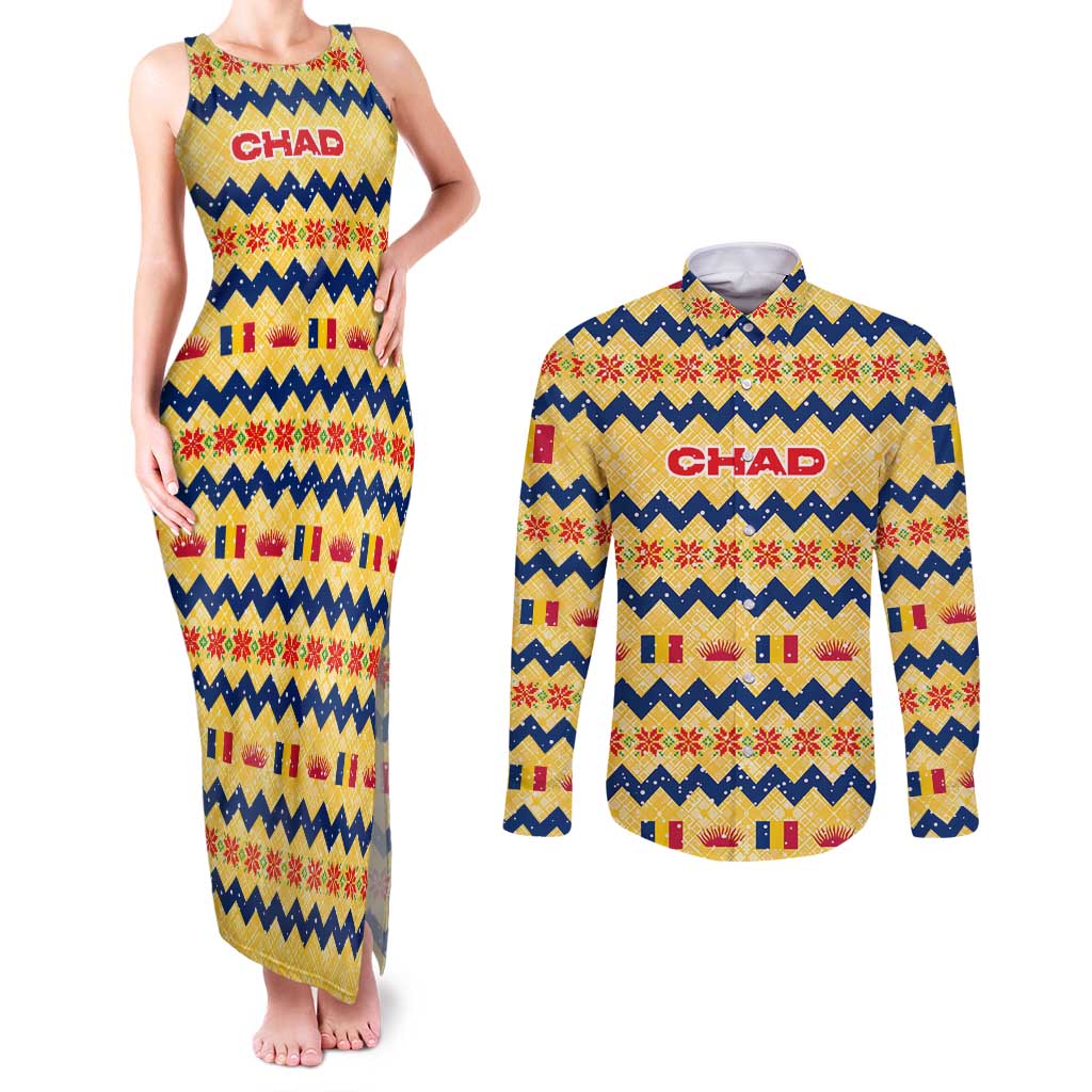 Chad Christmas Couples Matching Tank Maxi Dress and Long Sleeve Button Shirt with Yellow-Blue Geometric Design, National Coat of Arms, and Festive Motif - Wonder Print Shop