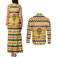 Chad Christmas Couples Matching Tank Maxi Dress and Long Sleeve Button Shirt with Yellow-Blue Geometric Design, National Coat of Arms, and Festive Motif - Wonder Print Shop