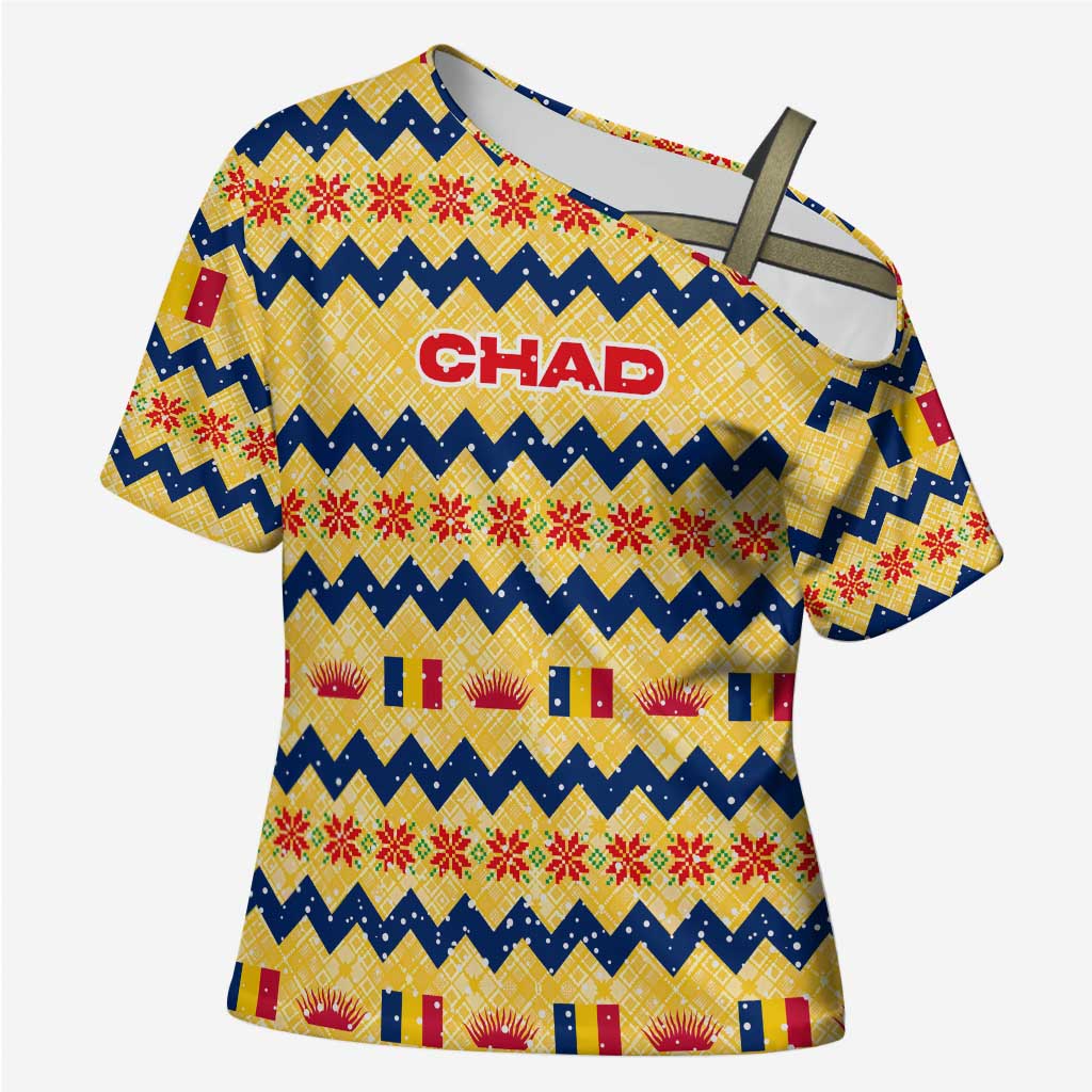 Chad Christmas Cross Shoulder Shirt with Yellow-Blue Geometric Design, National Coat of Arms, and Festive Motif - Wonder Print Shop