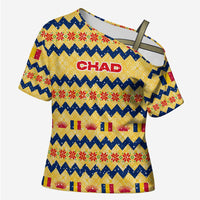 Chad Christmas Cross Shoulder Shirt with Yellow-Blue Geometric Design, National Coat of Arms, and Festive Motif - Wonder Print Shop