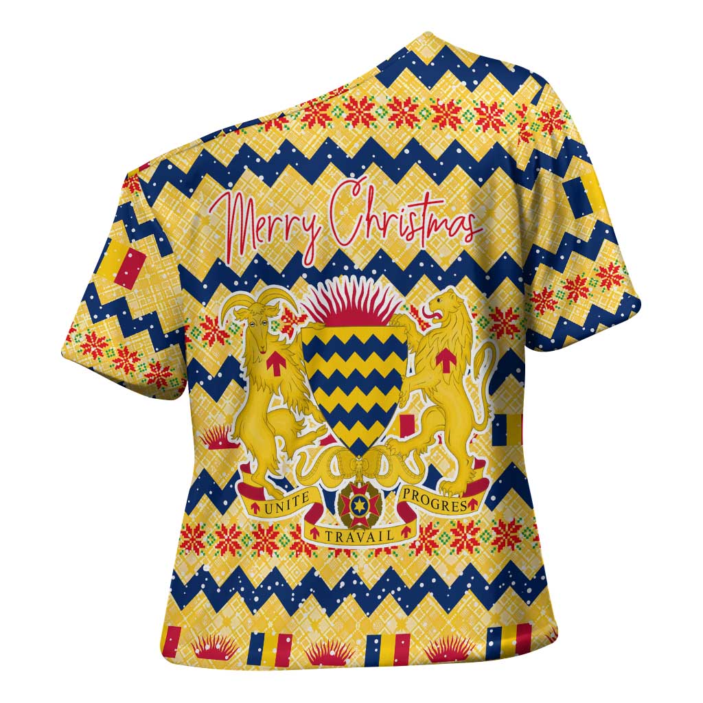 Chad Christmas Cross Shoulder Shirt with Yellow-Blue Geometric Design, National Coat of Arms, and Festive Motif - Wonder Print Shop