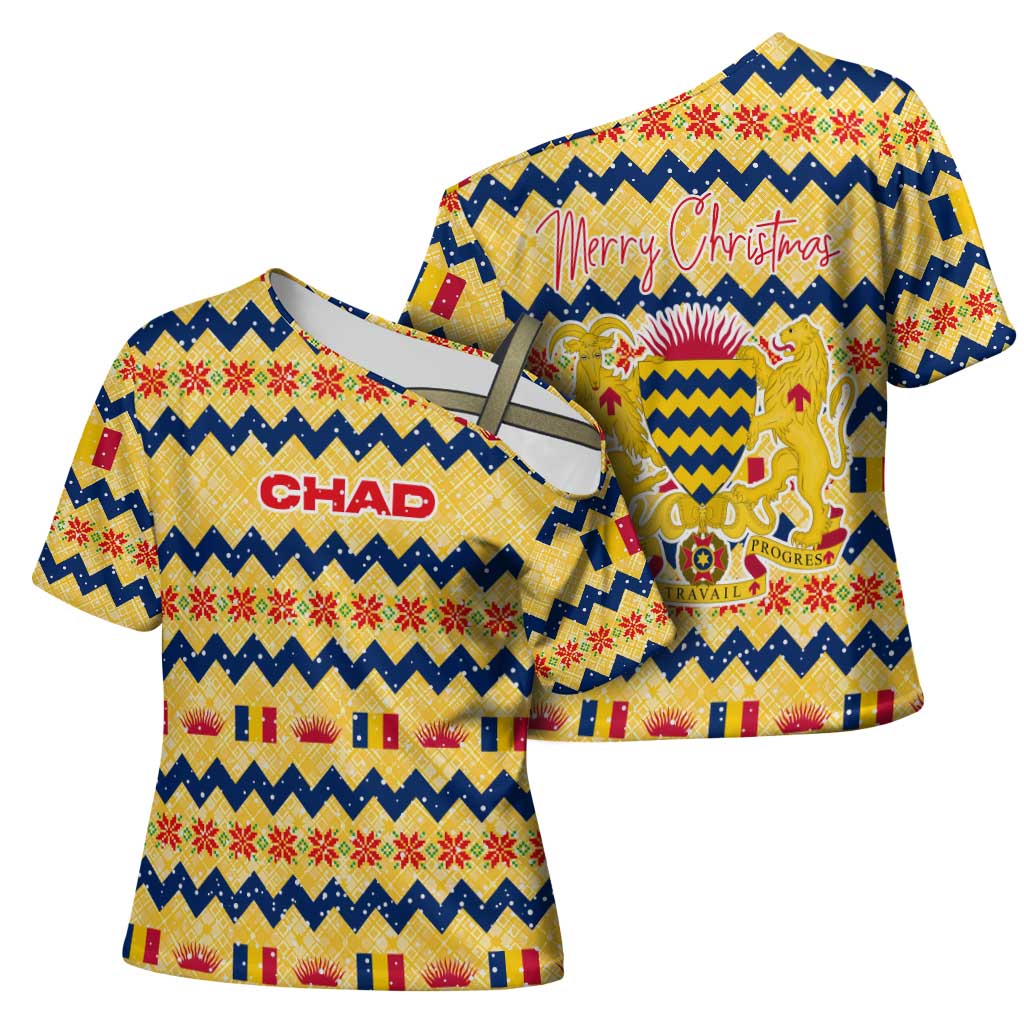 Chad Christmas Cross Shoulder Shirt with Yellow-Blue Geometric Design, National Coat of Arms, and Festive Motif - Wonder Print Shop
