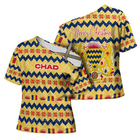 Chad Christmas Cross Shoulder Shirt with Yellow-Blue Geometric Design, National Coat of Arms, and Festive Motif - Wonder Print Shop