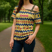 Chad Christmas Cross Shoulder Shirt with Yellow-Blue Geometric Design, National Coat of Arms, and Festive Motif - Wonder Print Shop