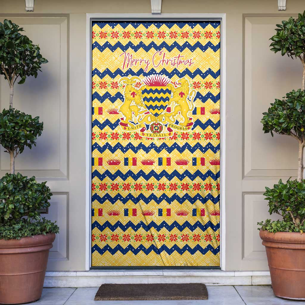 Chad Christmas Door Cover with Yellow-Blue Geometric Design, National Coat of Arms, and Festive Motif - Wonder Print Shop