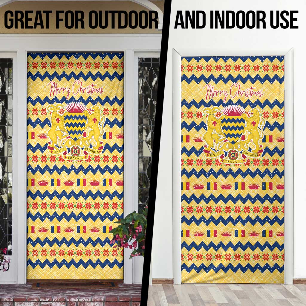 Chad Christmas Door Cover with Yellow-Blue Geometric Design, National Coat of Arms, and Festive Motif - Wonder Print Shop