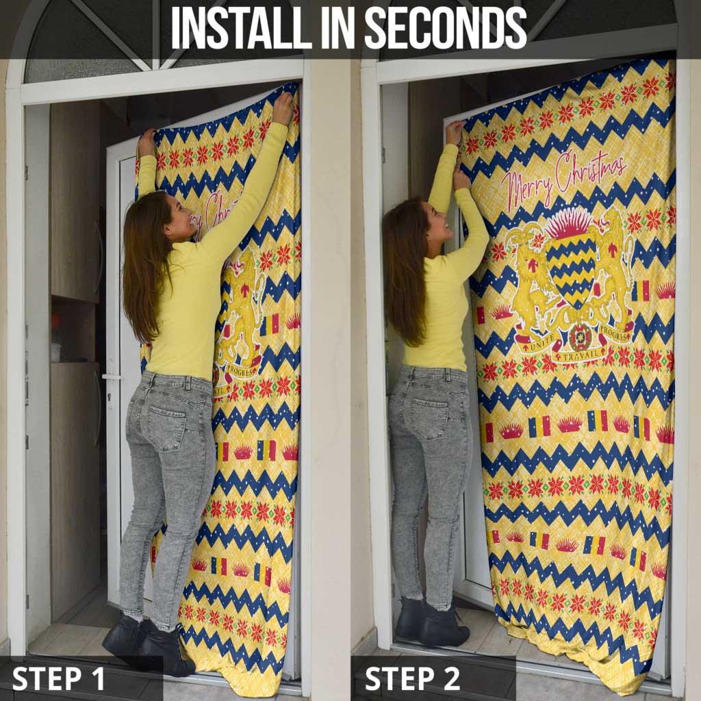 Chad Christmas Door Cover with Yellow-Blue Geometric Design, National Coat of Arms, and Festive Motif - Wonder Print Shop