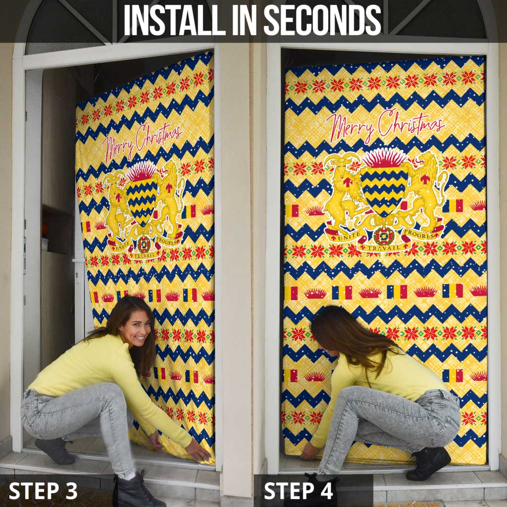 Chad Christmas Door Cover with Yellow-Blue Geometric Design, National Coat of Arms, and Festive Motif - Wonder Print Shop